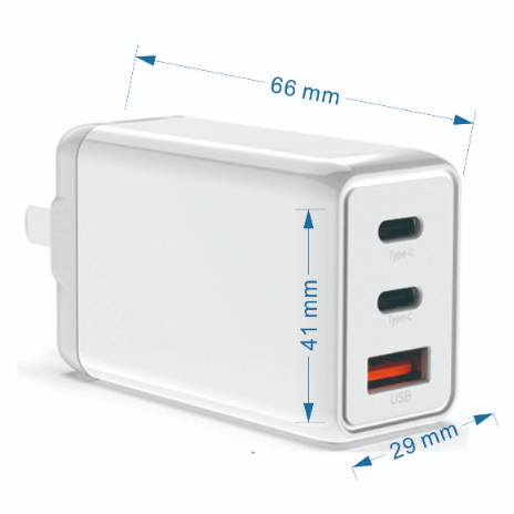 65W 3-Port GaN Charger PD3.0 SCP OTP Travel Power Adapter for Laptop & Mobile Phone