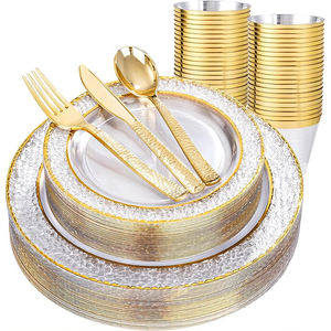 طقم أطباق بلاستيكية بتشطيب لؤلؤي مقاس 7 و10 بوصة، أطباق يمكن التخلص منها مع خيار اللون المخصص وحافة ذهبية للأعراس والحفلات - Product Image 1