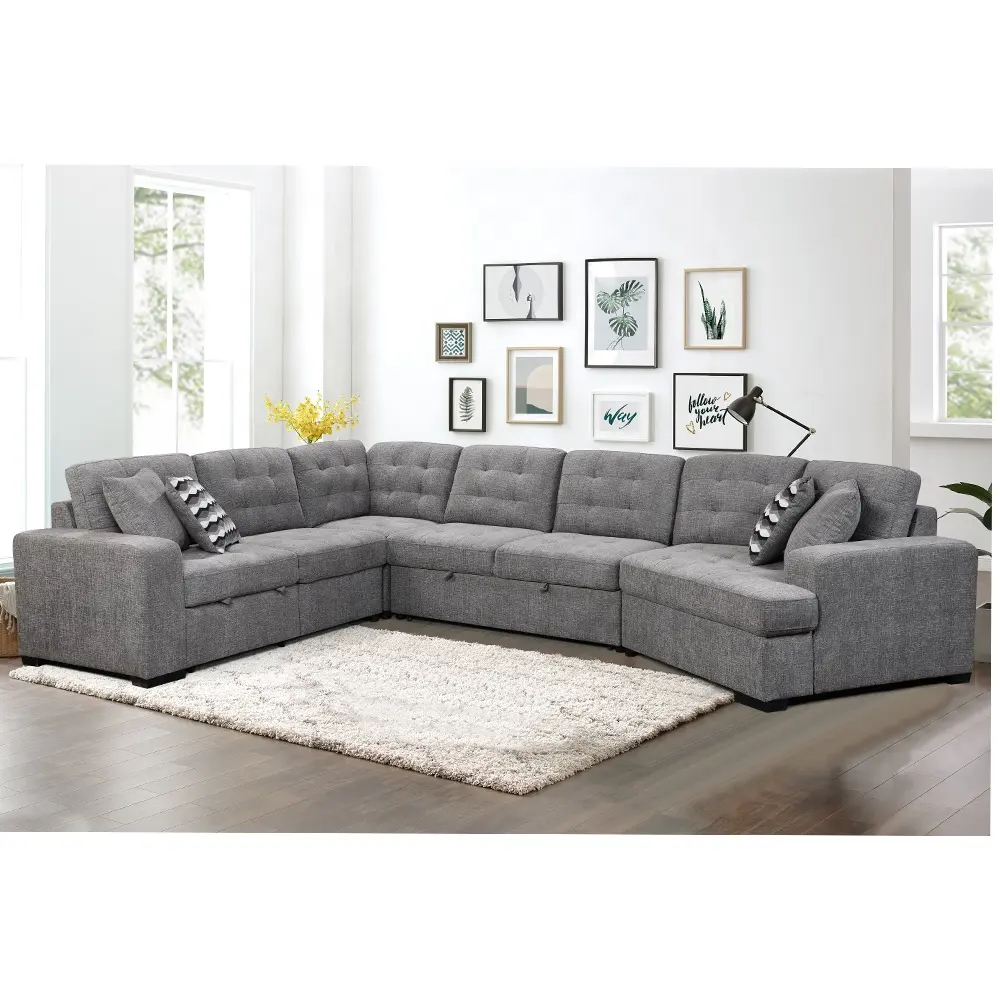 Hete Verkoop Woonkamer Sofa Set Moderne U-Vorm 7 Zits Zachte Stof Slaapbank Meubels Houten Frame Uittrekbare Sofa Set Meubels