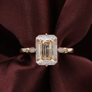 Champagne Women Wedding Rings 10k Gold Engagement Ring 3ct Emerald Cut White Moissanite Ring For Anniversary