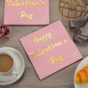 Valentine's Day Napkins Pink Gold Foil Square Medium Size For Hotels Restaurants - Product Image 2