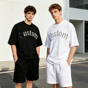 Camiseta de Manga Corta con Cuello Redondo y Logotipo del Fabricante para Hombre, Talla Grande, con Letras de Diamantes de Imitación, Tejido de Punto Jersey, 100% Algodón - Product Image 1