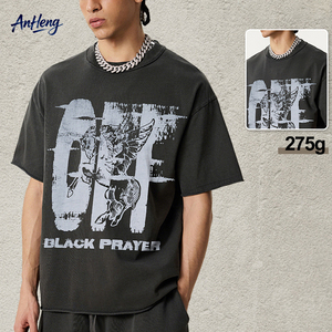 T-shirt graphique noir pour homme 275G, en coton épais, imprimé style streetwear américain, coupe oversize délavée et ample, fournisseur OEM - Product Image 1