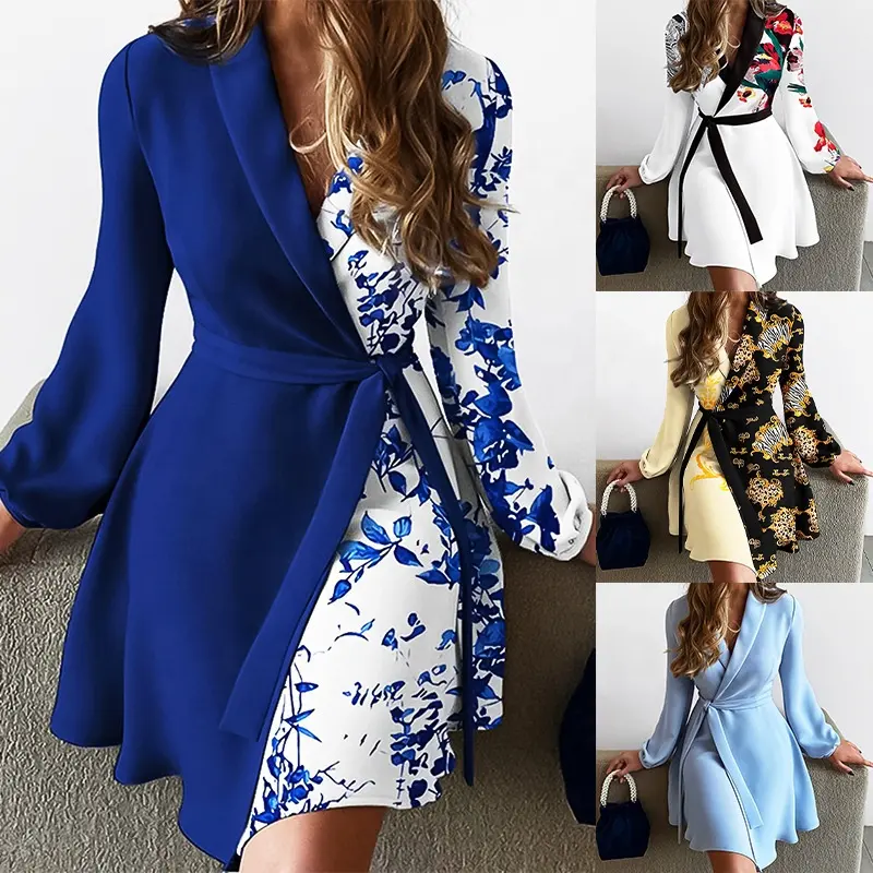 2022 Autumn Ladies New Style Printed Dress Long-sleeved V-neck Button Belt Sexy Bandage Office Lady Womens Dresses