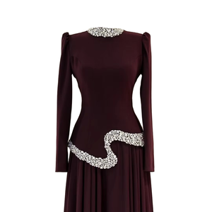 Elegant Women's <b>Long</b> Sleeve Maxi <b>Dress</b> High Neck Beaded Silk Pleated Hem Party Evening Wear - Product Image 1