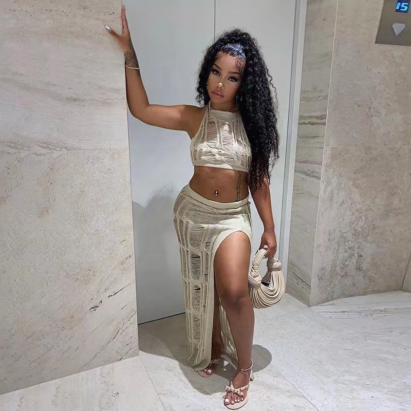 2023 новое летнее платье «кроше» с вырезами женская обувь с отделкой бахромой, платье из 2 частей пикантные уличные для ночного клуба Модные комплект свитеров для всей семьи Пляжная накидка