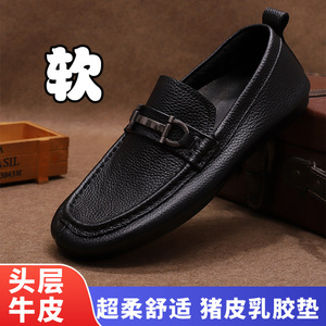 Mocassins en cuir véritable noir à bout rond, à enfiler, semelle extérieure en caoutchouc, confortables, pour hommes, toutes saisons, avec boucle - Product Image 5