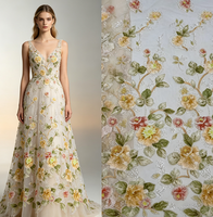 Tissu en dentelle à fleurs lourdes perlées, tulle, motif floral aquarelle, strass, en stock, livraison rapide, pour robe de mariée ou de soirée haute couture