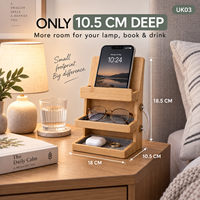 Organisateur de chevet compact en bambou de luxe moderne, support pour téléphone, étagère à lunettes, petite table de chevet, station d'accueil, écologique, personnalisé