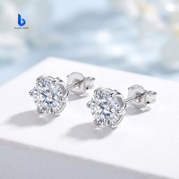 Anting-anting stud moissanite bulat enam cabang bunga perak sterling S925 mewah terlaris untuk pemakaian sehari-hari wanita