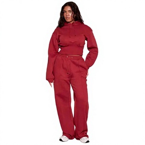 <b>Women's</b> Red Hooded Cropped Sweatshirt <b>Set</b> Full Sleeve Loose Fit Casual 2-Piece Outfit Solid Color Fleece Material - Product Image 1