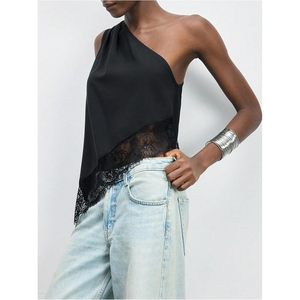 FOXA Débardeur asymétrique à une épaule avec dentelle pour femme, haut d'été sans manches en mousseline respirante - Product Image 5