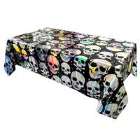 Nappe de table rectangulaire jetable en plastique noir à imprimé crâne holographique arc-en-ciel pour fête d'Halloween