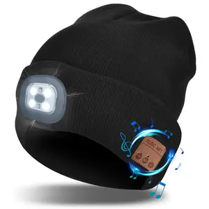 Unisex Wireless Beanie Hat with Hands Free Rechargeable LED Light Headphones Built-in Stereo Speakers Mic For Outdoor Tech Gift
