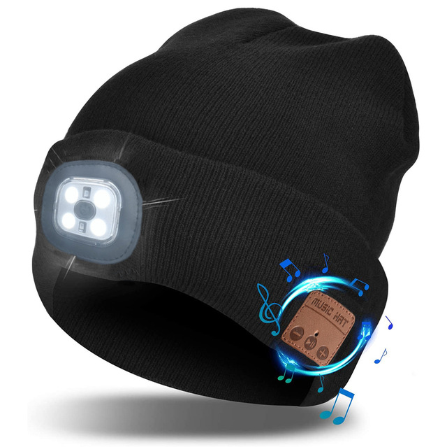 Unisex Wireless Beanie Hat with Hands Free Rechargeable LED Light Headphones Built-in Stereo Speakers Mic for Outdoor Tech Gift