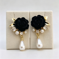 Anting Gantung Kristal Mutiara Imitasi Bunga Mawar Beludru Paduan Seng, Perhiasan Pesta Pernikahan Romantis Vintage, Hadiah untuk Wanita
