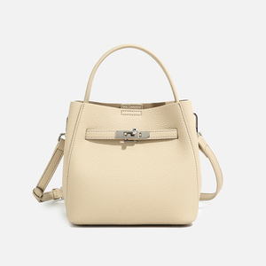 Women's Genuine Leather Tote Bag With Lock Closure Removable Strap Classic Style Daily Use <b>Handbag</b> Beige Color - Product Image 4
