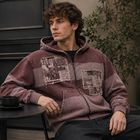 Vente en gros de sweats à capuche zippés pour hommes, style streetwear vintage, en molleton de coton épais, délavé à l'acide, patchwork, effet usé et ourlet brut
