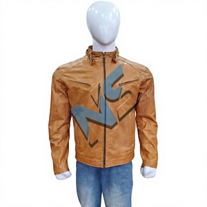 Veste de moto en cuir véritable pour homme avec col montant, fermeture éclair sur le devant, coupe classique, couleur unie - Product Image 1
