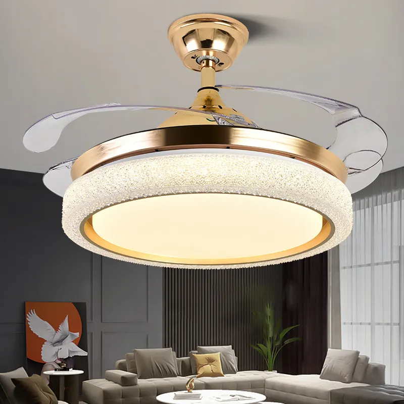AIERTEC Luxury Crystal Golden Chandelier 42'' 4 Abs Blades Led Ceiling Fan With Light And Remote