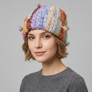 <span class=keywords><strong>Gorro</strong></span> de punto de ganchillo hecho a mano de lana a rayas gruesas con borlas desgastadas coloridas arcoíris de invierno - Product Image 5