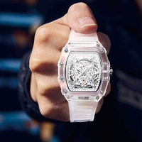 Nouvelle Arrivée Montre à Quartz pour Homme Boîtier Transparent Unique en Forme de Baril Bracelet en Silicone Résistant à l'Eau 30M Design Tendance