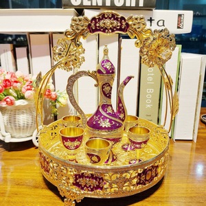 Manufacturer's <b>basket</b> set with plum blossoms, grapes, and roses for hotel and home use gold Metal wine flask and glasses - Product Image 4