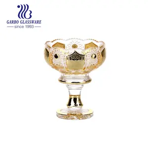 Electroplating glassware glass fruit bowl in golden design with stand high-end luxury printing glass fruit bowl for wedding
