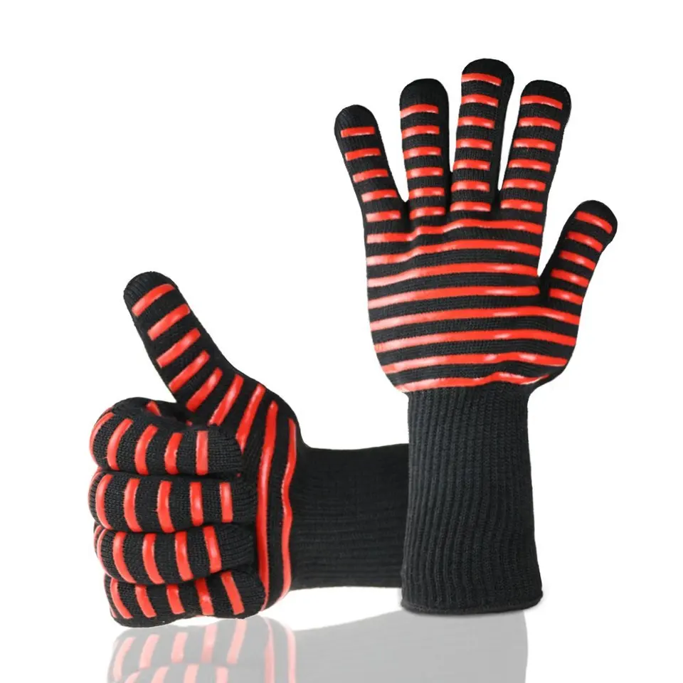 Customized logo fire proof cotton liner heat resistant cooking gloves barbecue aramid silicone stripe oven bbq gloves