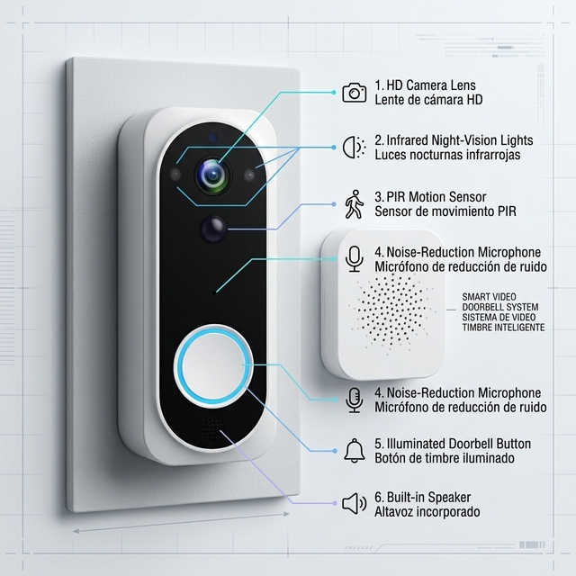 24h Dark Monitoring HD Camera1080P Day Vision PIR Motion SensorHuman Detection Alert LED Ring Doorbell ButtonSoft Light