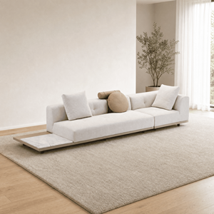 Canapé flottant contemporain avec base en bois, dossier bas capitonné, panneau en marbre, pour salon, villa, appartement - Product Image 1