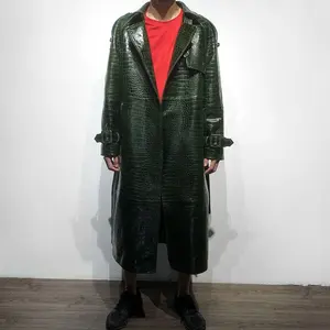 Crocodile Pattern Male Long Real Leather Coat Mens Leather Trench Coat Overcoat