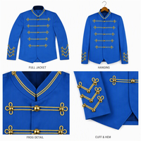 Blazer bleu unisexe avec garniture grenouillère dorée, col montant, veste uniforme à bandes, boutons à boule, tresse sur les manches, costumes de scène et de danse