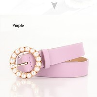 Ceinture en cuir pour femmes, pour jeans, robes, pantalons, ceinture de taille pour filles mignonnes avec boucle ronde en perles