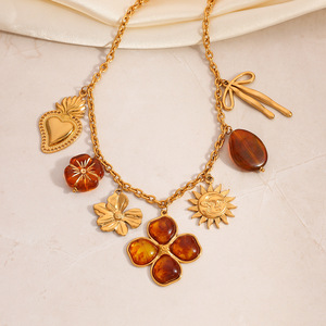 Collier en acier inoxydable avec fleur, nœud, cœur, couleur ambre pour pulls d'automne et d'hiver, plaqué or 18 carats - Product Image 3