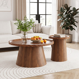 Juego de Mesa de Centro de Madera Moderna, Diseño de Mediados de Siglo, Muebles Hechos a Mano para Sala de Estar, Tapa Redonda, Base de Madera Sólida - Product Image 1
