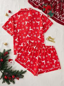 Của Phụ Nữ Cộng Với Kích Thước Màu Đỏ Giáng Sinh Bộ Đồ Ngủ Ngắn Tay Áo Santa Tuần Lộc In Ngủ Loungewear Cho Mùa Hè Mùa Xuân Kỳ Nghỉ - Product Image 2