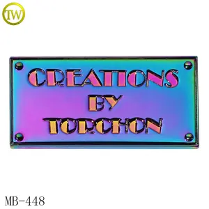 Placa rectangular personalizada, diseño de bolso, letras de arco iris, etiquetas decorativas de metal con nombre