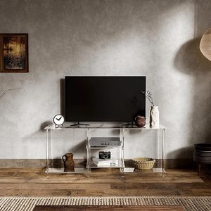 Mesa de consola central de entretenimiento transparente de 3 niveles acrílica de 55 pulgadas, estantes de almacenamiento abiertos, soporte de TV de 55,1 ''L X 15,7' 'W X 22,4 ''H para - Product Image 4