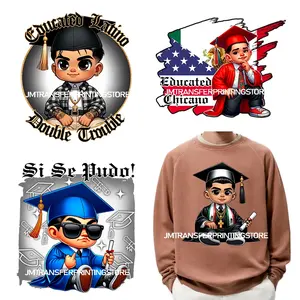 Chicano mezuniyet Chibi tarzı Boy logolar Si Se Pudo eğitimli Latino çift sorun adam DTF ısı transferi çıkartmalar için giysi