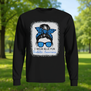 I Wear Blue For Diabetes Awareness Leopard <b>Messy</b> Bun Long Sleeve T-<b>Shirt</b> - Product Image 3