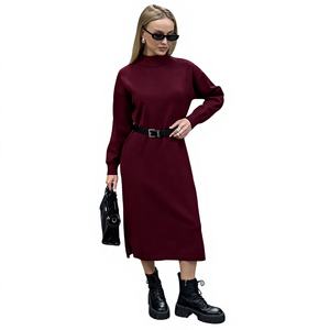Robe midi décontractée à manches longues rouge avec taille naturelle Saison automne/hiver Tissu écologique Col <span class=keywords><strong>carré</strong></span> Design simple - Product Image 1