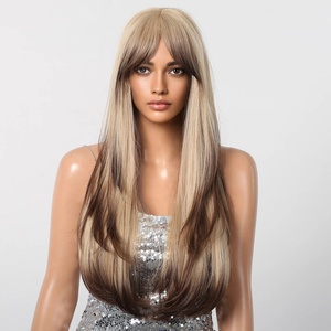 Perruque synthétique longue ondulée dégradée brun-<span class=keywords><strong>blond</strong></span> pour femme, avec frange, effet naturel, résistante à la chaleur, idéale pour les fêtes <span class=keywords><strong>de</strong></span> Noël - Product Image 1