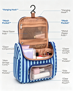 <b>Bag</b> Zipper Detachable Mesh Canvas Cosmetic <b>Wash</b> <b>Bag</b> Custom Fashion Durable Polyester Multi-Compartment Striped <b>Hanging</b> for - Product Image 1