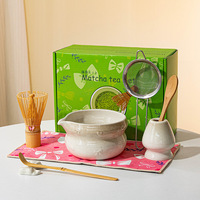 Astief – Kit de démarrage pour débutants en matcha, avec bec verseur, comprenant un bol en céramique de luxe à nœud papillon (Chawan) et un ensemble de 4/5/7/8 pièces