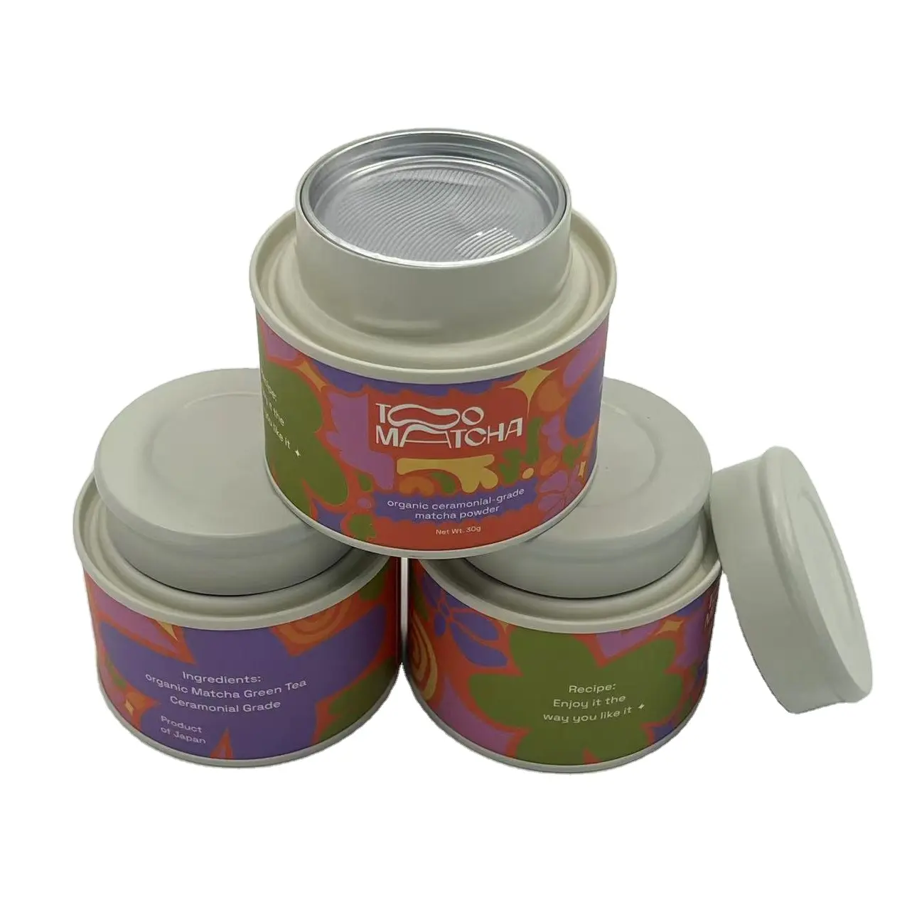 Latas cilíndricas personalizadas com arte em cores adequadas para embalagens de latas de ferro de qualidade alimentar