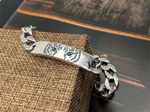 Pulsera de Plata de Ley S925 con Cabeza de Tigre y Diamantes Verdes, Estilo Hip-Hop, Personalidad Masculina, Pulsera de Plata Tai con Cabeza de Tigre Domo - Product Image 5