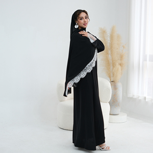<span class=keywords><strong>Abaya</strong></span> Nera Tinta Unita Stile Dubai con Pizzo, Set 2 Pezzi con Hijab Abbinato, <span class=keywords><strong>Abaya</strong></span> Modesta in Nida, Vestito Musulmano da Donna - Product Image 2