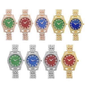 Montre à quartz ronde pour homme, bracelet en alliage, diamants, strass, chiffres romains, cadran analogique, 43 mm, montre-bracelet de luxe tendance, verre - Product Image 2