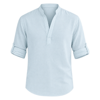 Kemeja Henley Linen Pria Custom OEM, Kaos Linen Katun Lengan Panjang dengan Logo Bordir, Pakaian Kasual Warna Solid Grosir